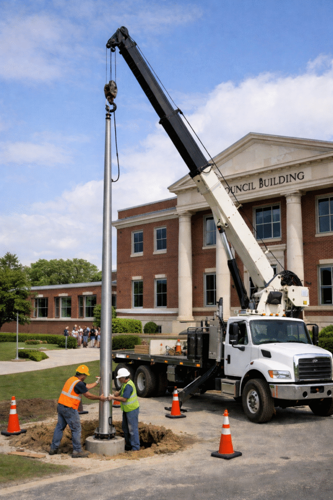 generate a picture of a crane truck installing flagpole at a school
