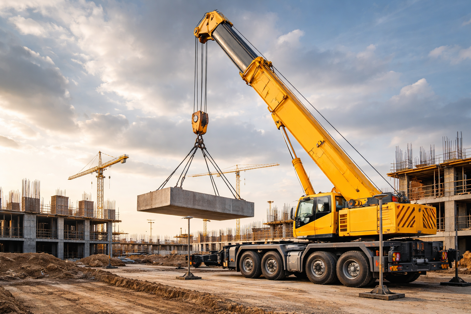 Construction site with crane lifting concrete